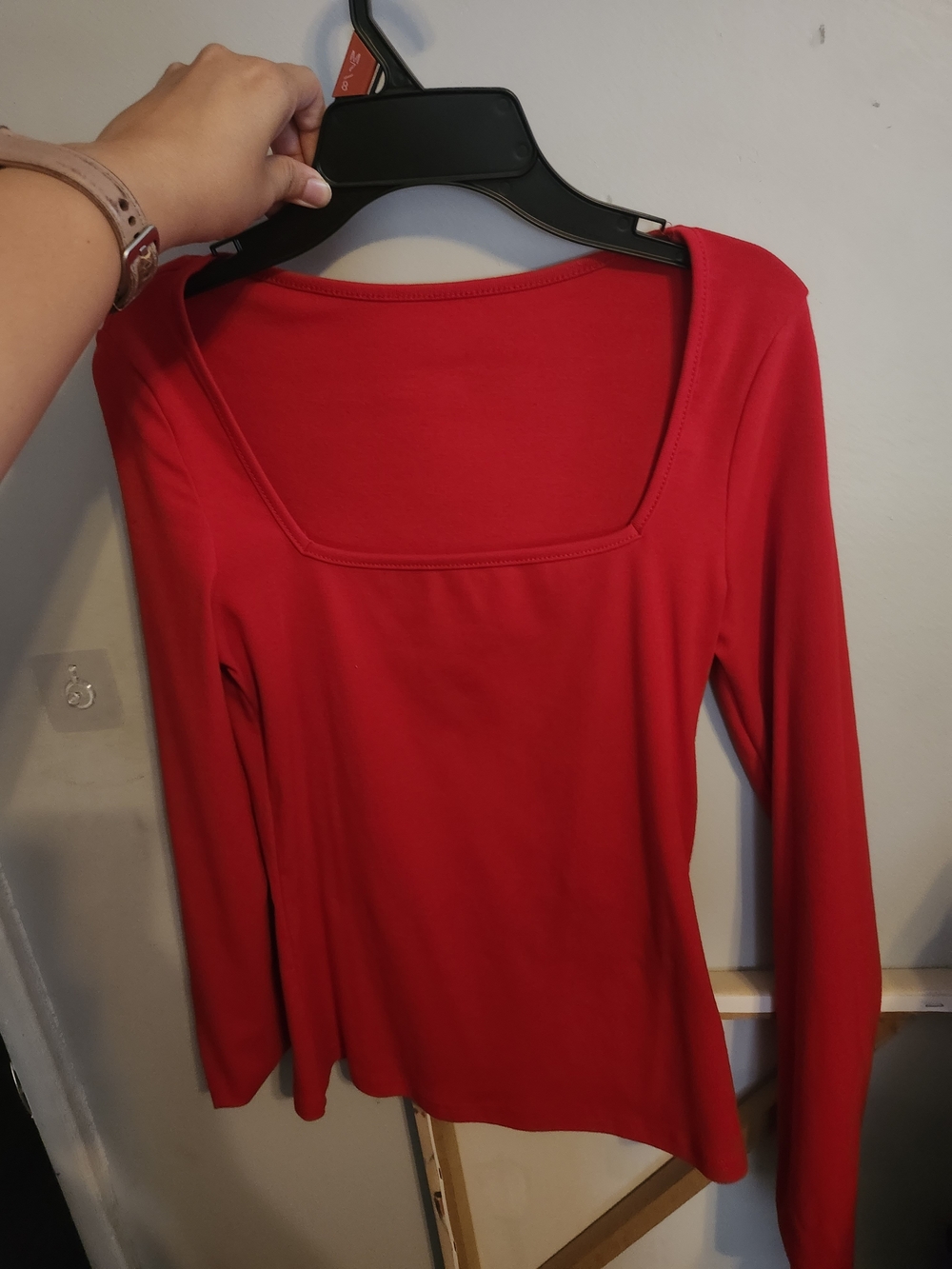 SHEIN Red Square Neck Long Sleeve Top